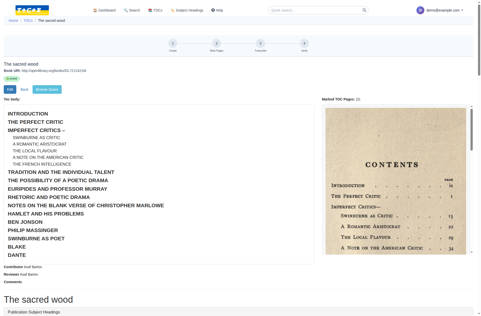 Screenshot showing a table of contents with the original scanned page