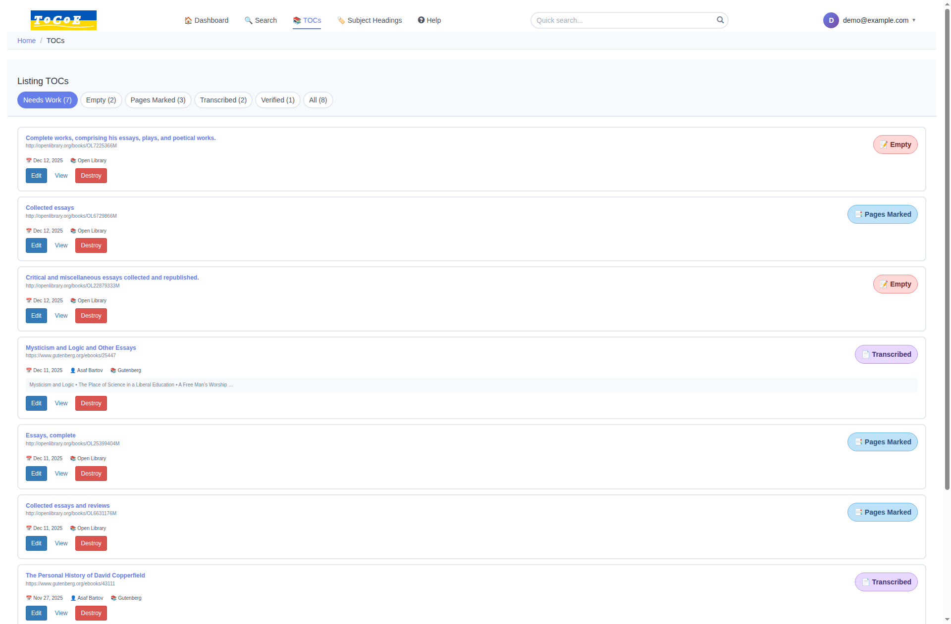 Screenshot showing the TOC index page